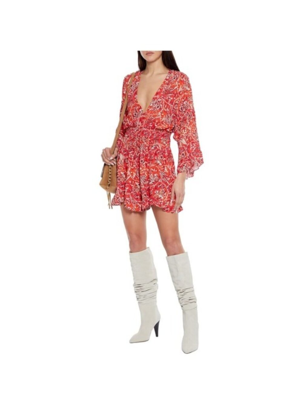 IRO Rhodey Frayed Ruffle Trim Crepe Playsuit 44 Red Romper Floral 12 Loose Fit